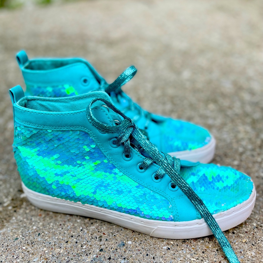 JoJo Siwa Girls' High Top Sneakers Sequin Teal